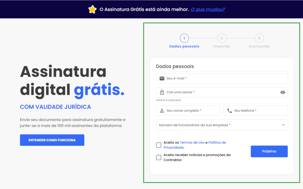 como usar o assinatura grátis para enviar documento para assinatura digital