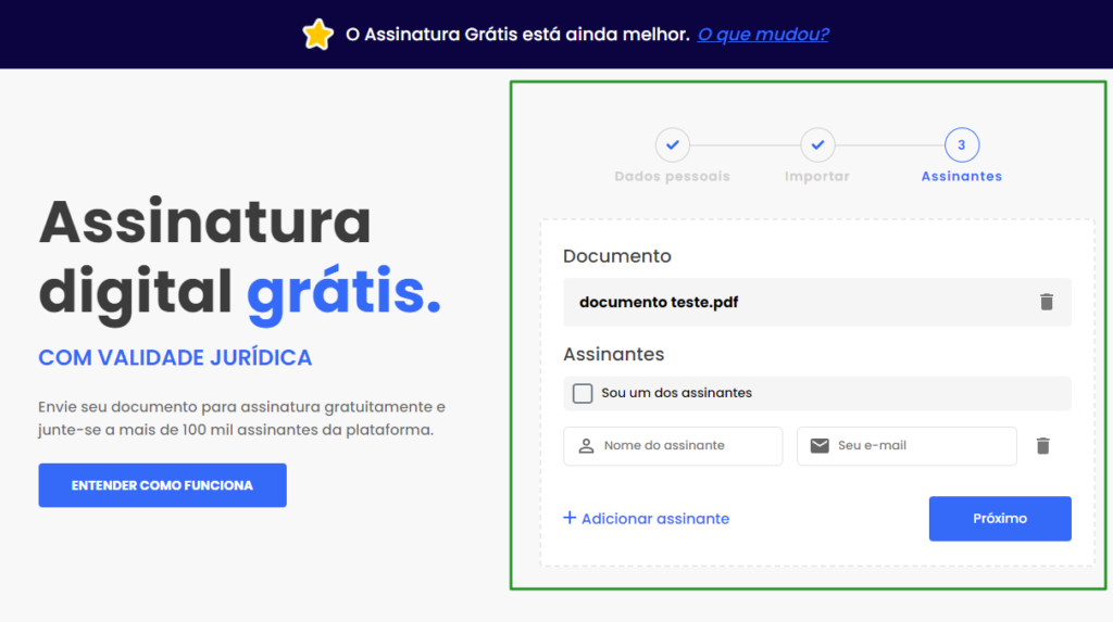 como usar o assinatura grátis para enviar documento para assinatura digital