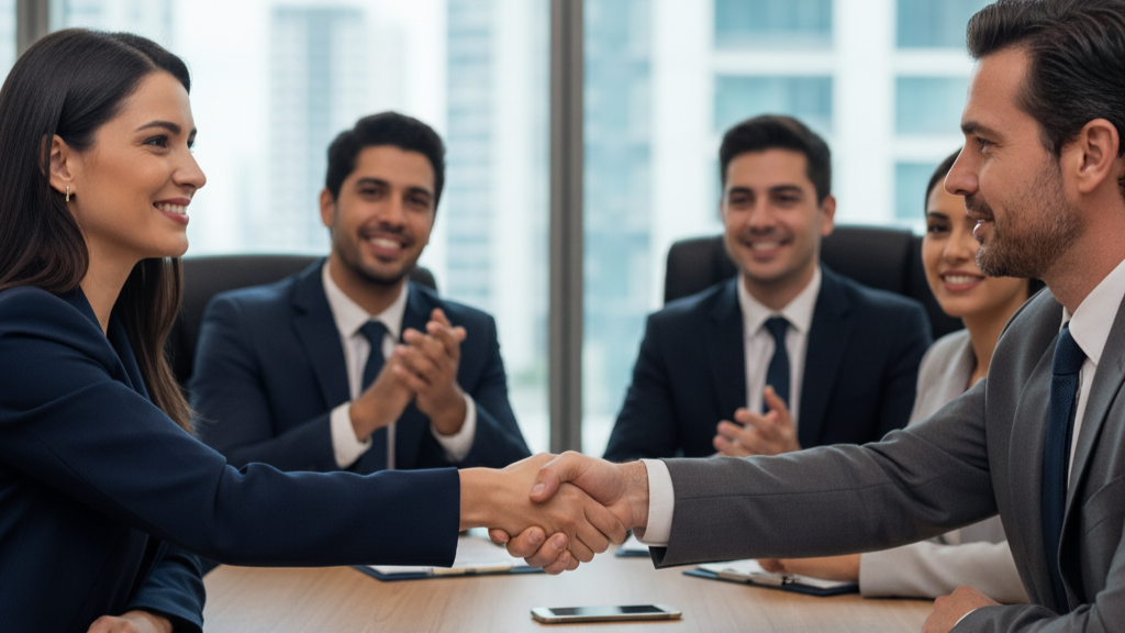 Empreendedores fechando contrato, com mãos dadas, em uma mesa com outras pessoas aplaudindo.
