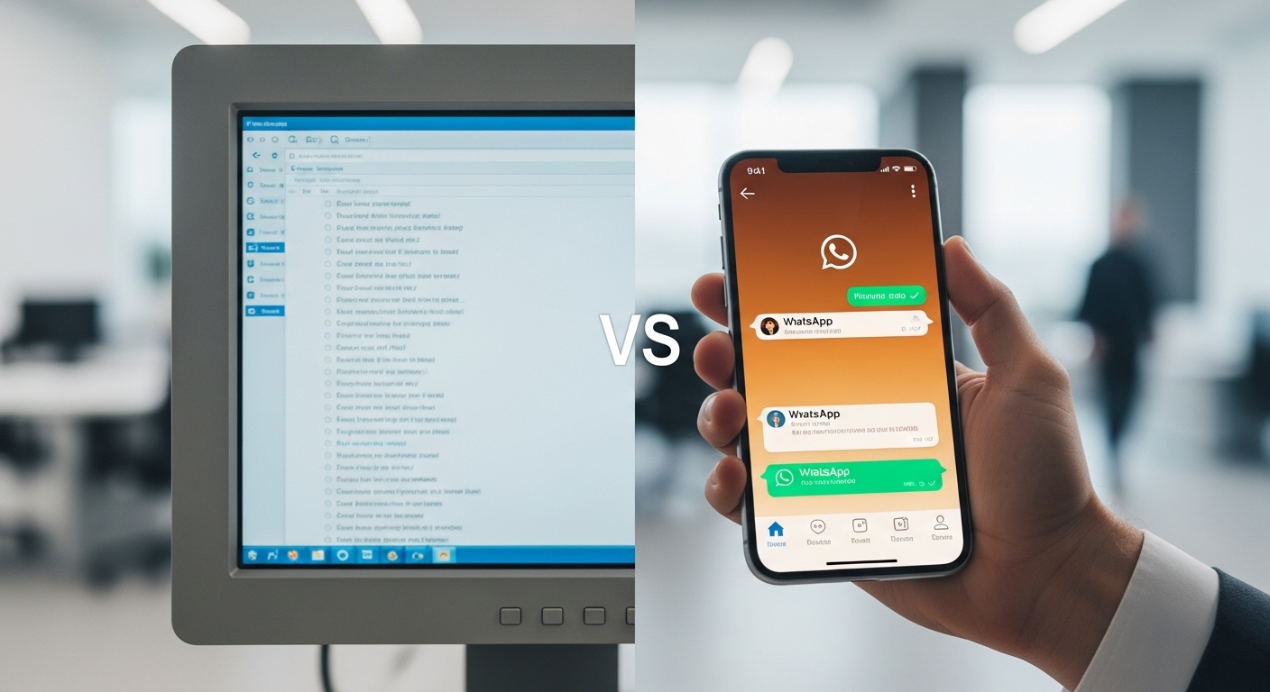Tela dividida comparando caixa de entrada de e-mail lotada e um celular com conversas de whatsapp