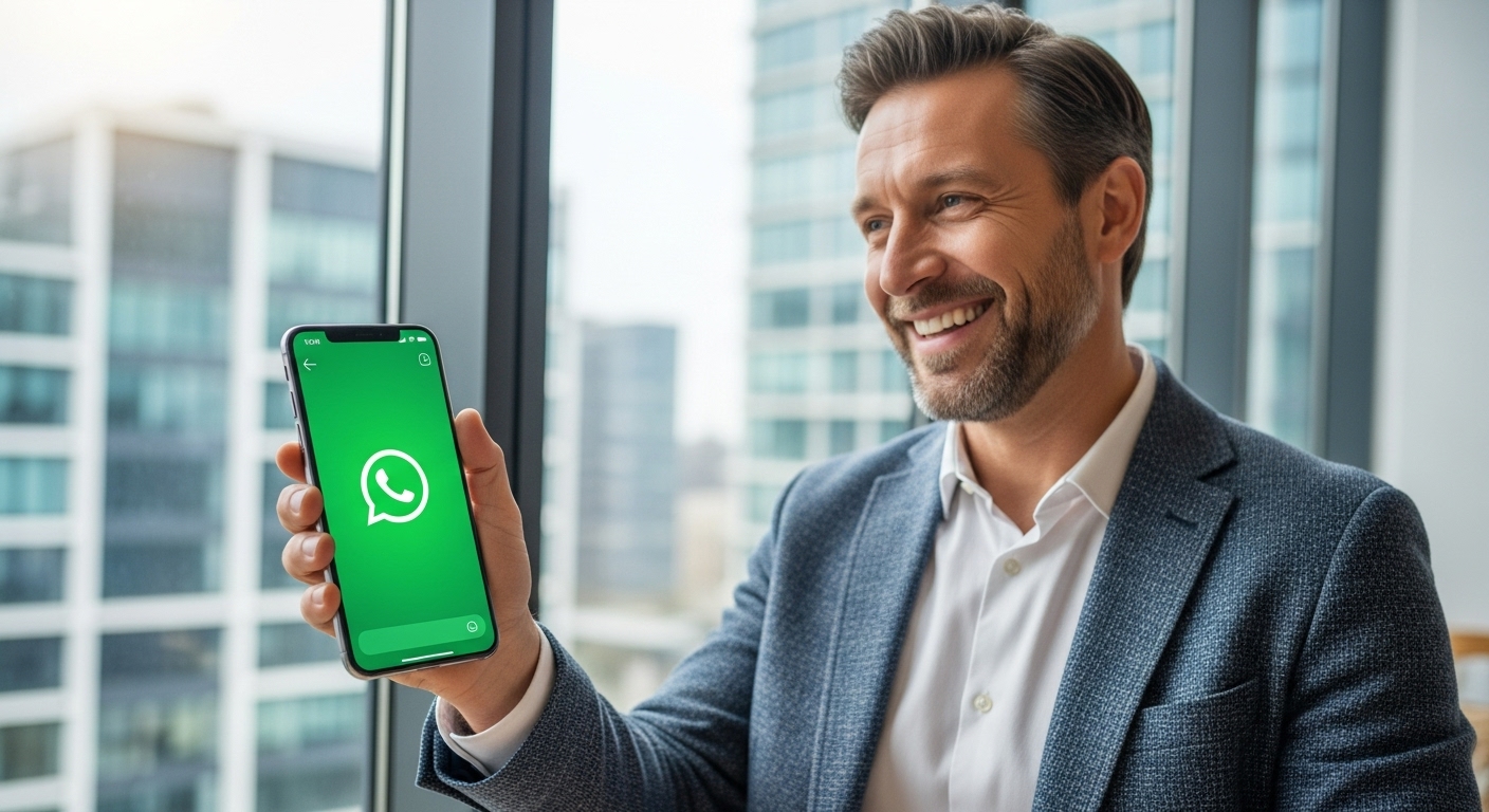 Empresário satisfeito após fechar negócios por WhatsApp, segurando celular na mão e sorrindo