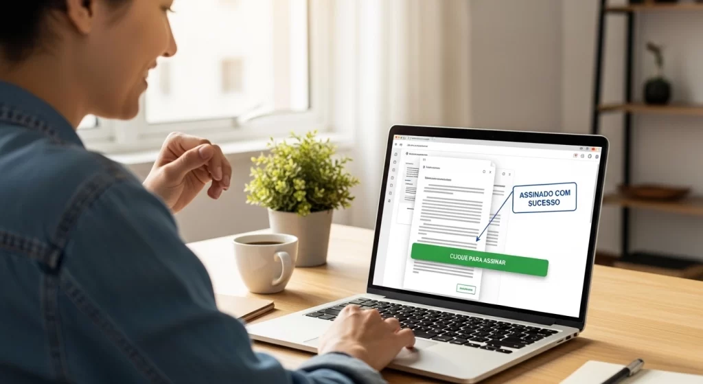 Profissional em escritório organizado utilizando laptop para realizar o passo a passo de uma assinatura digital segura em uma plataforma de gestão
