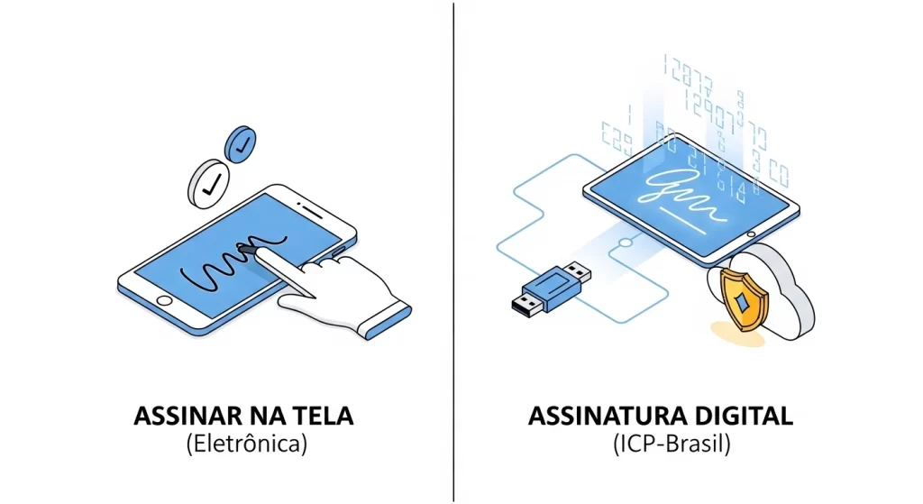 Infográfico comparativo mostrando a simplicidade da assinatura eletrônica comum versus a robustez da assinatura digital qualificada com certificado ICP-Brasil.